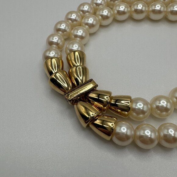 Vintage Double Stranded Pearl Necklace with Gold Rhinestone Accent 17 In Costume - Picture 5 of 6
